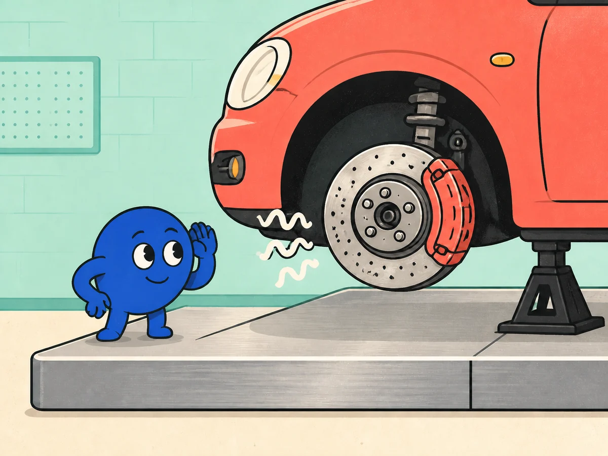 Cartoon CarWhisper helper listening near the brakes & wheel