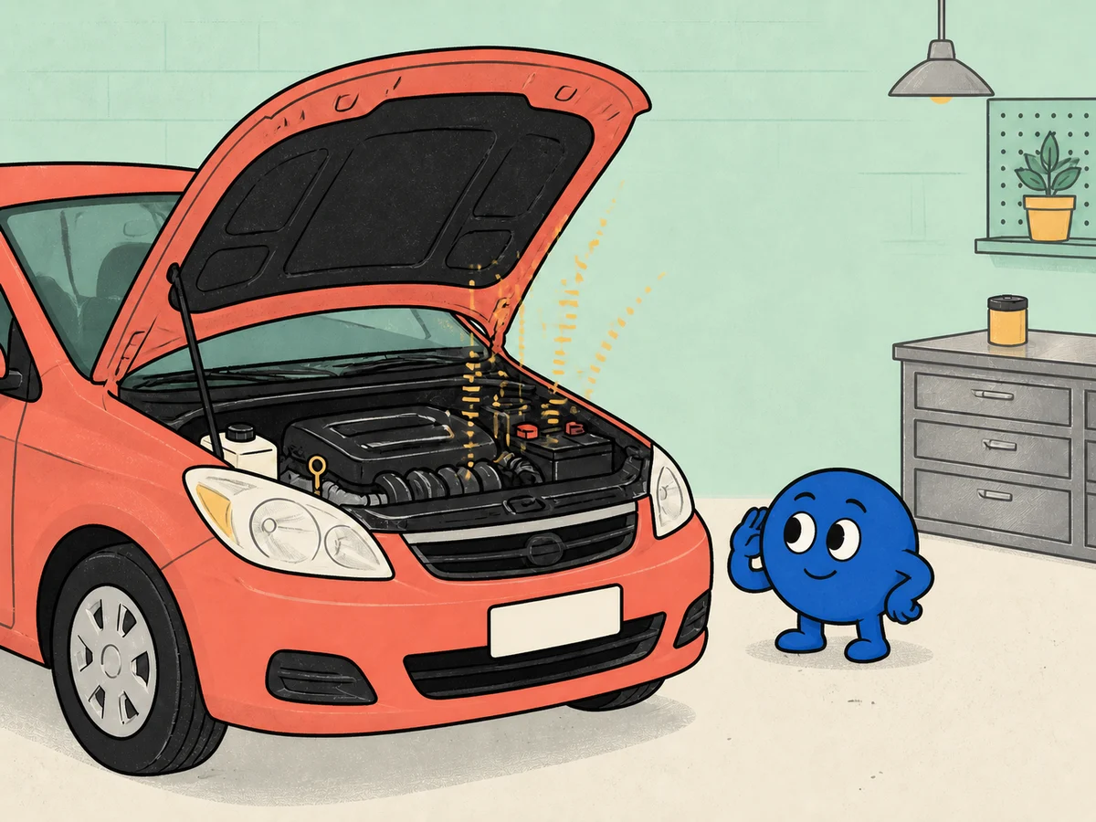 Cartoon CarWhisper helper listening near the engine bay