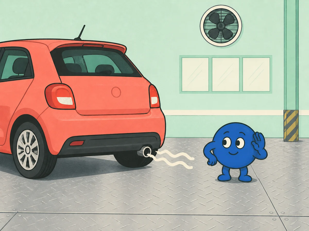 Cartoon CarWhisper helper listening near the exhaust